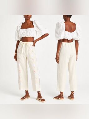 forte_forte Embroidered Linen Cropped Pants Ivory M US 6 NWT $580